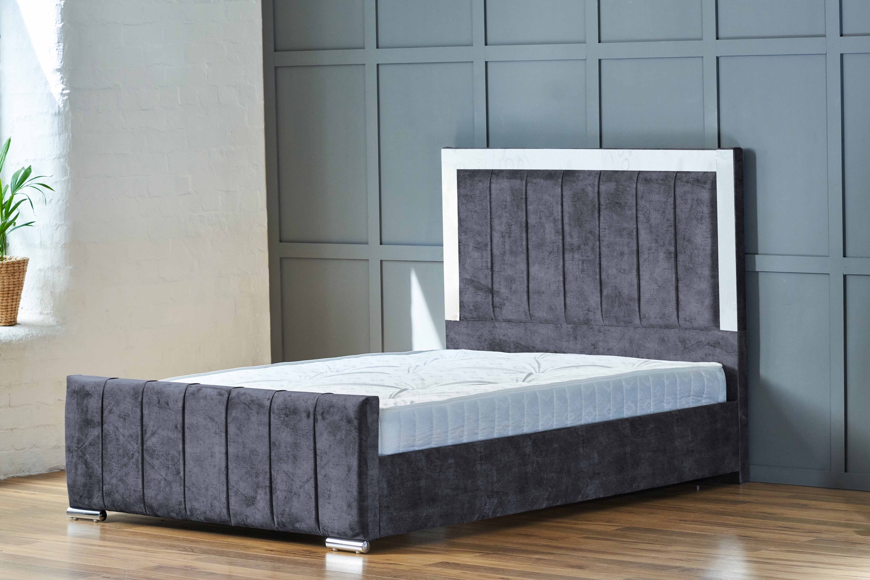 Panel Mirror Upholstered Fabric Bed Frame
